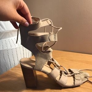 Beige lace up chunky heels